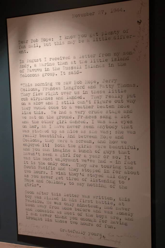 A letter written to Bob Hope at the NOLA WW2 Museum