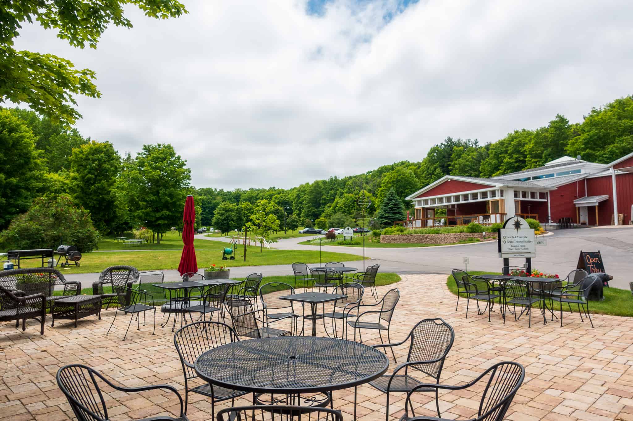 bike-n-ride traverse city Black Star Farms Distillery patio on bike-n-ride tour