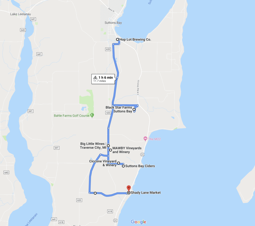 Suttons Bay Leelanau Peninsula Wine Trail Google Map with Stops for DIY Bike-n-Ride Trip in Traverse City