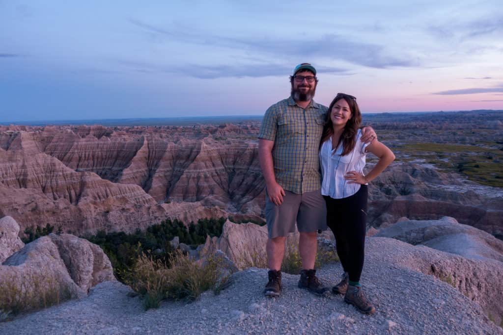Badlands-National-Park Cindy and Barrett at Pinnacles Overlook during Sunset