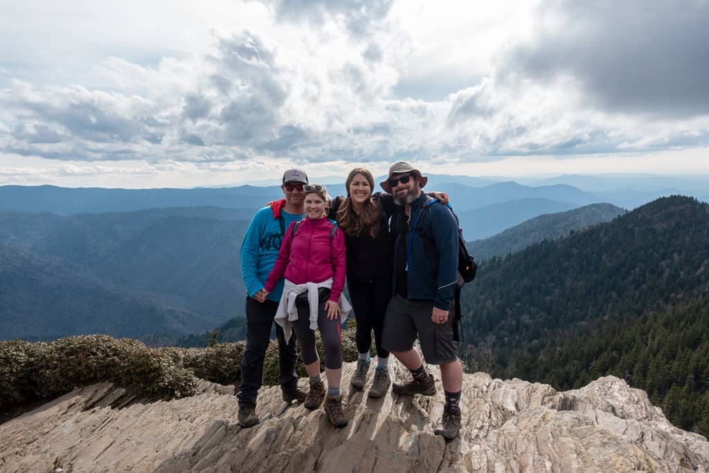 Smoky-Mountains-Itinerary Cindy, Barrett, and friends atop Mount Leconte, part of the Great Smoky Mountains Itinerary
