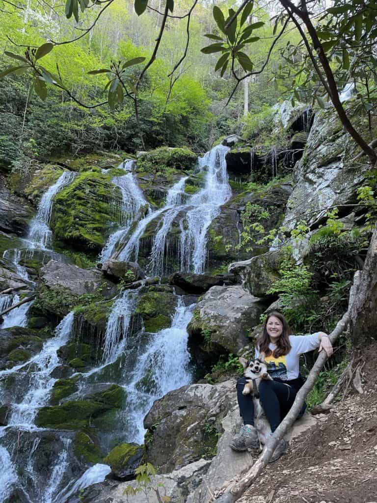 full-time-rv-living Cindy and Marty the Corgi at Catawba Falls