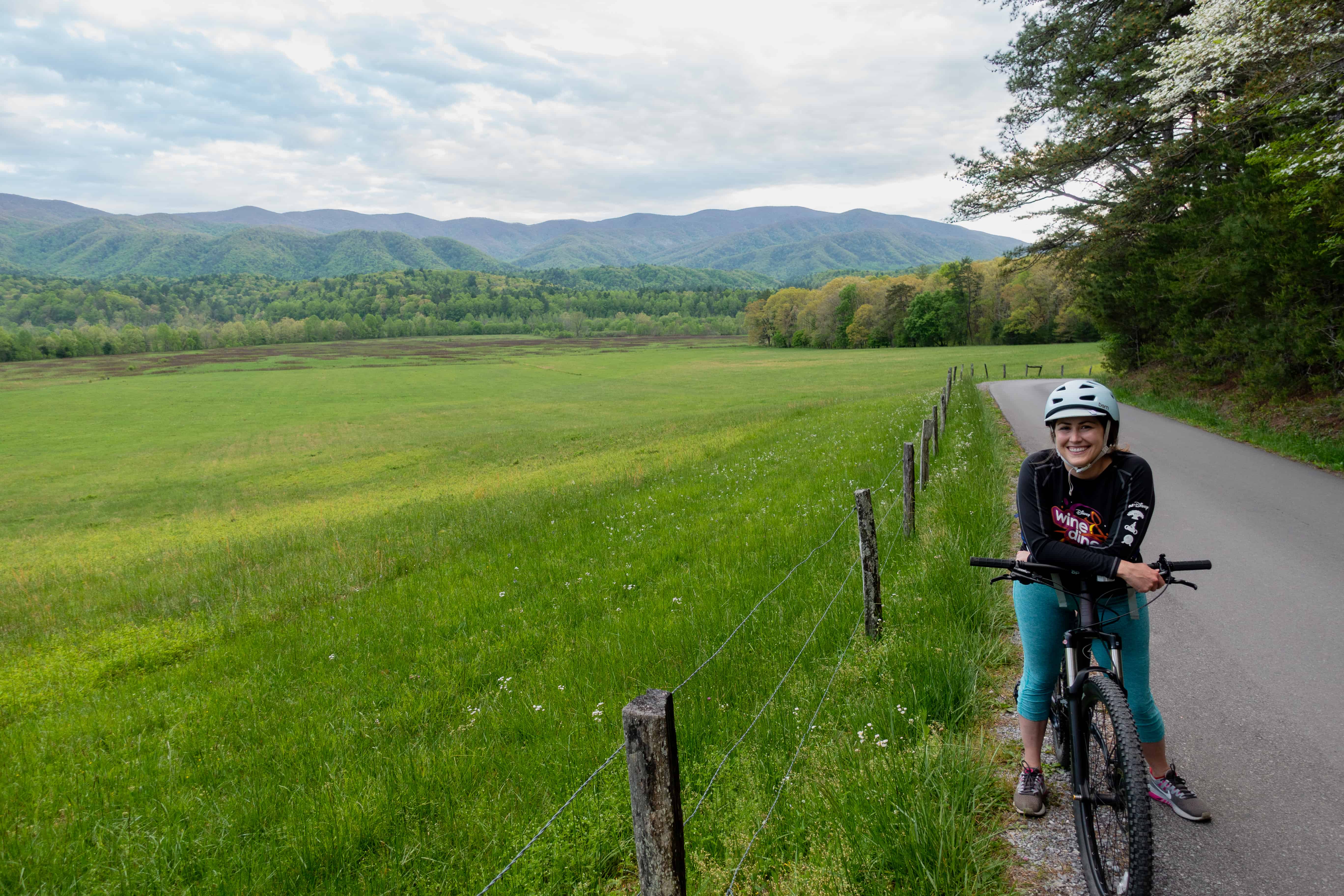 Cindy biking Cades Cove in Great Smoky Mountains National Park