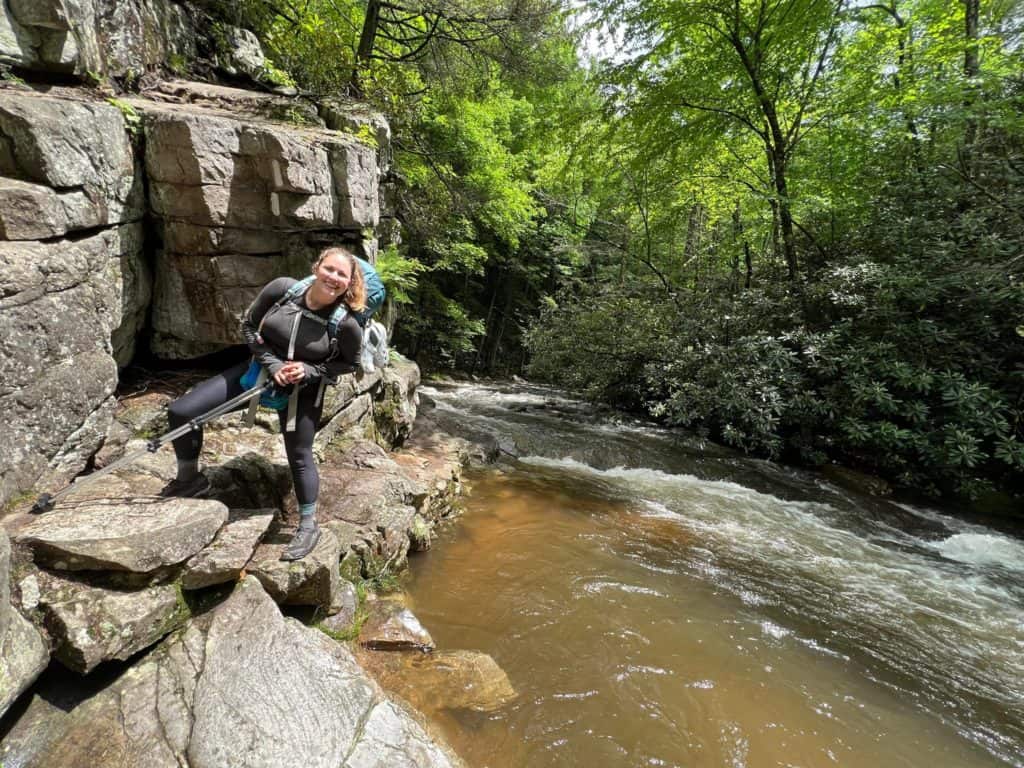 Cindy is in her baselayer from the Appalachian Trail gear list.