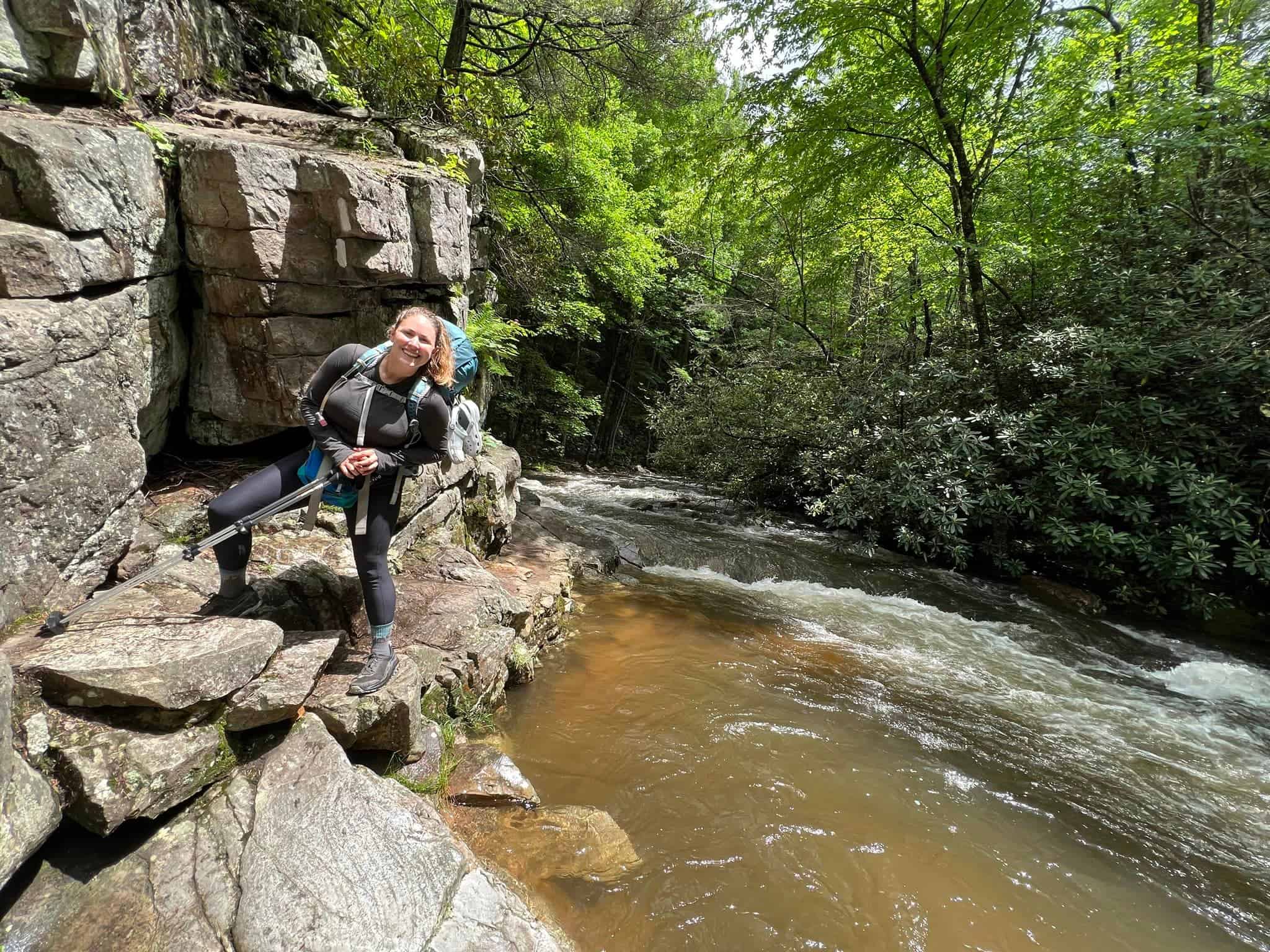 Cindy is in her baselayer from the Appalachian Trail gear list.