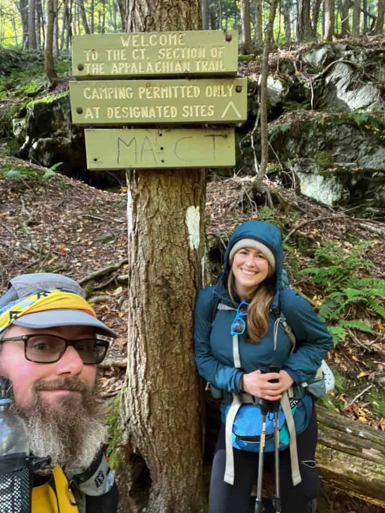 Cindy and Barrett on the Appalachian Trail, she's wearing her fanny pack which is considered a luxury backpacking item