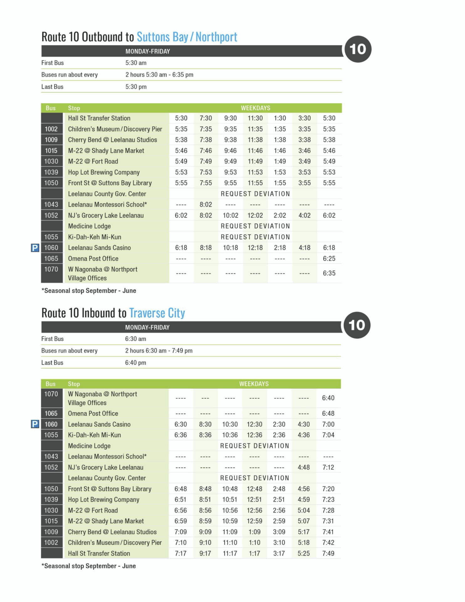 2023 BATA Route 10 Bus Schedule for bike-n-ride in Traverse City