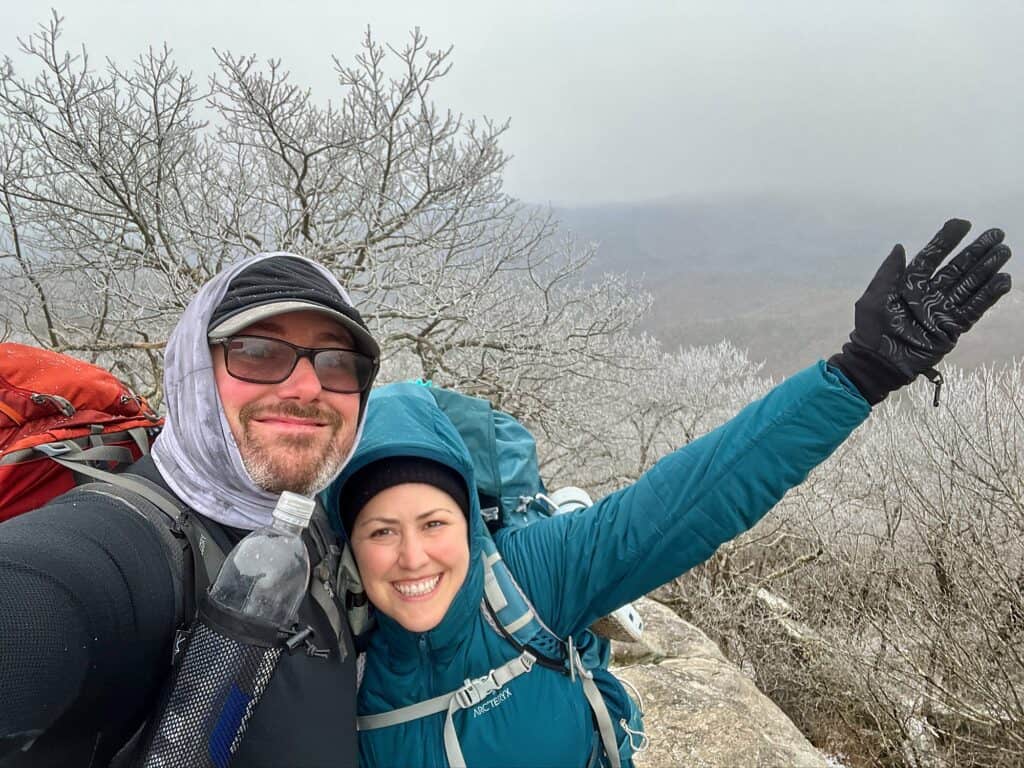 Cindy and Barrett in the snow on the Appalachian Trail