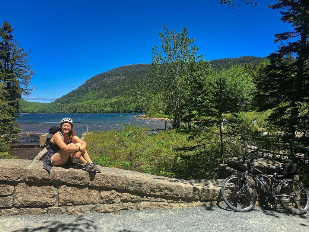 Acadia National Park itinerary Cindy outside of Jordan Pond House in Acadia National Park