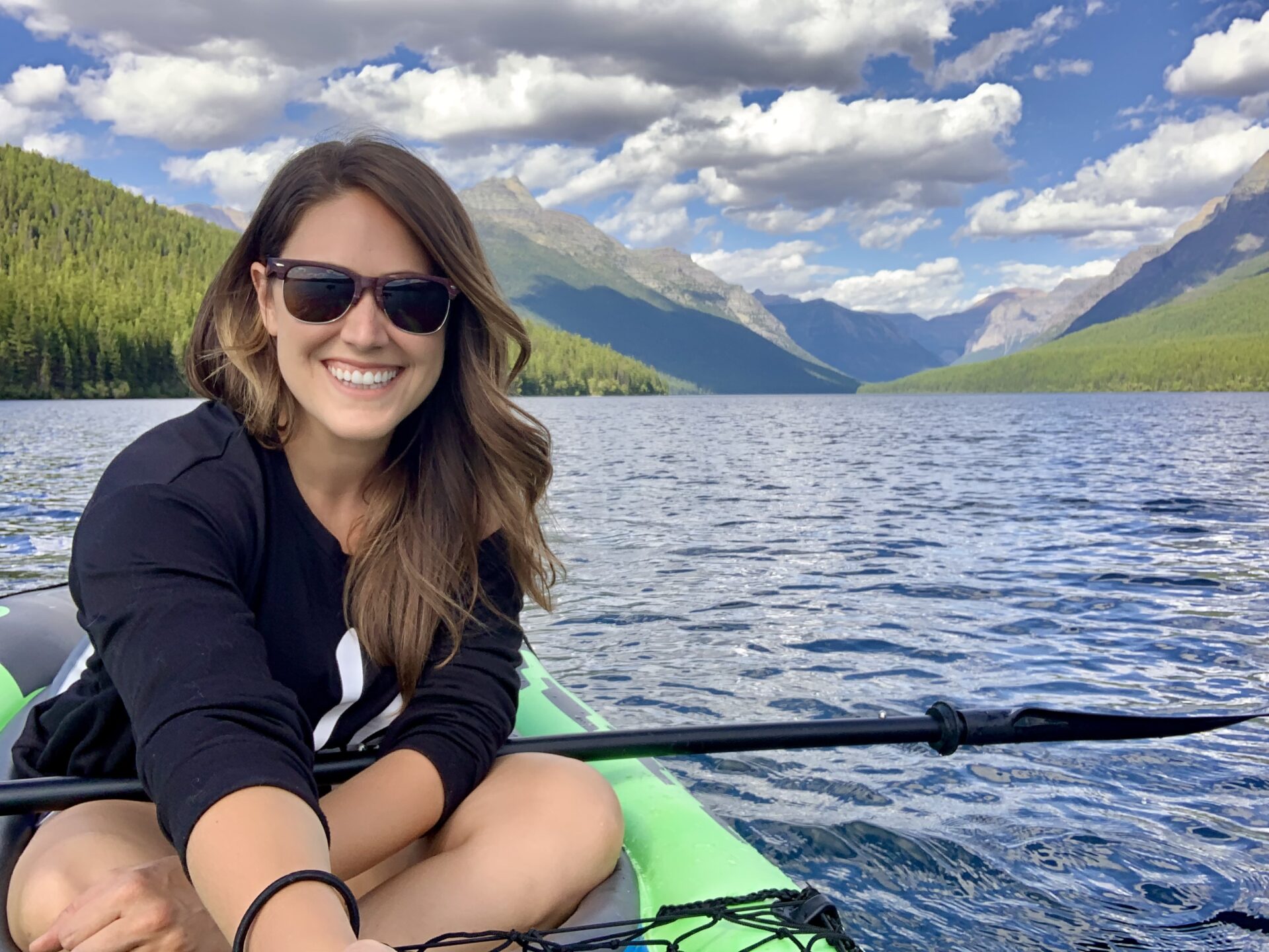 Glacier National Park Itinerary Cindy kayaking on Bowman Lake