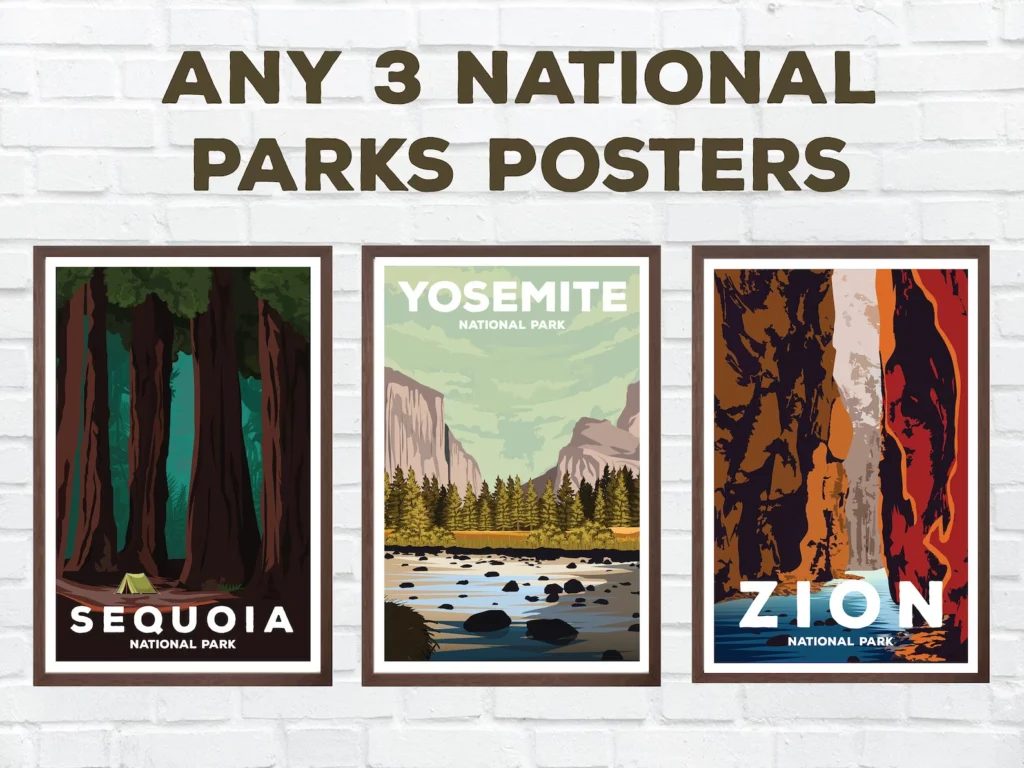 National Parks Gifts National Park posters on a wall from ParksPosters' shop on Etsy