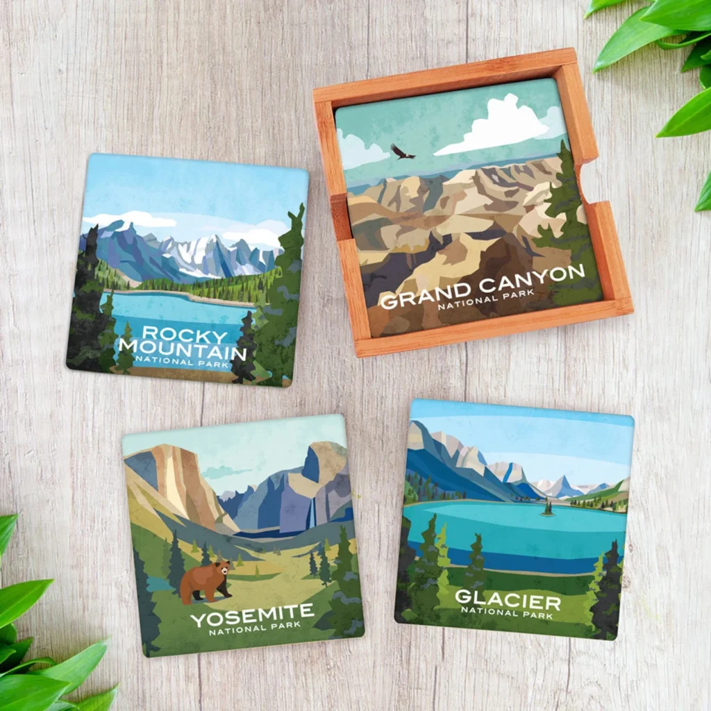 National Parks Gifts beautifully illustrated coasters, created by StoneArchMerchants on Etsy