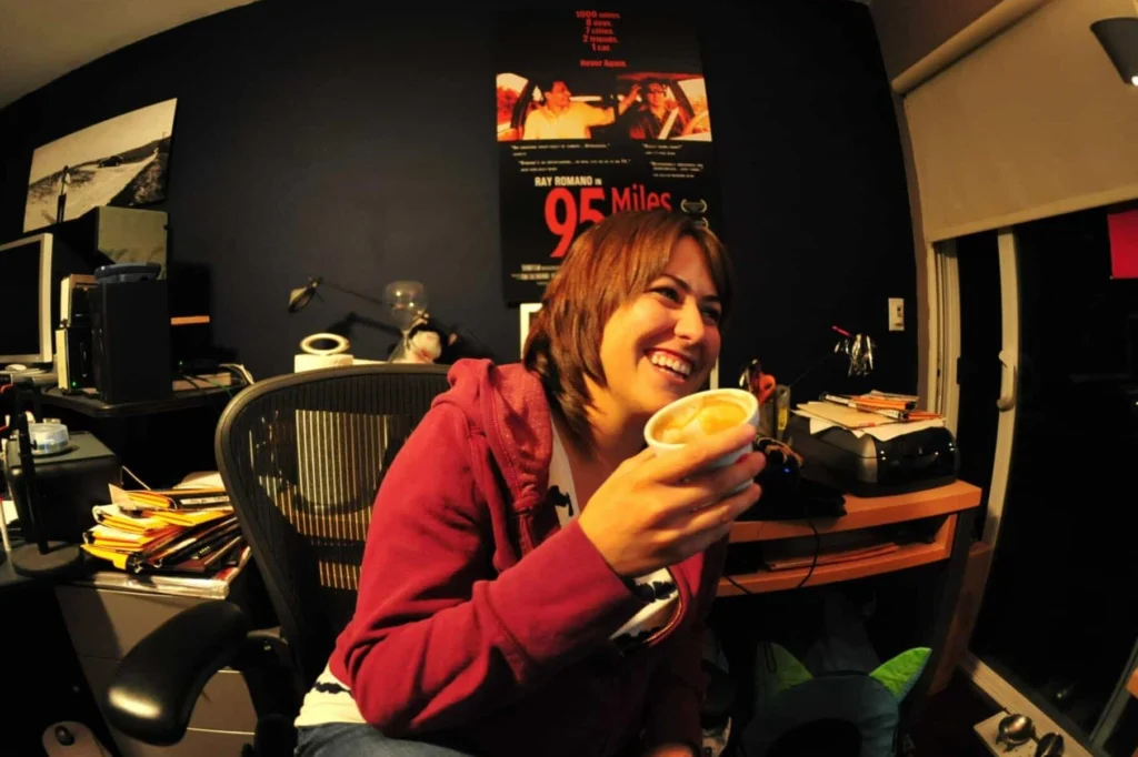 Cindy chatting with coffee