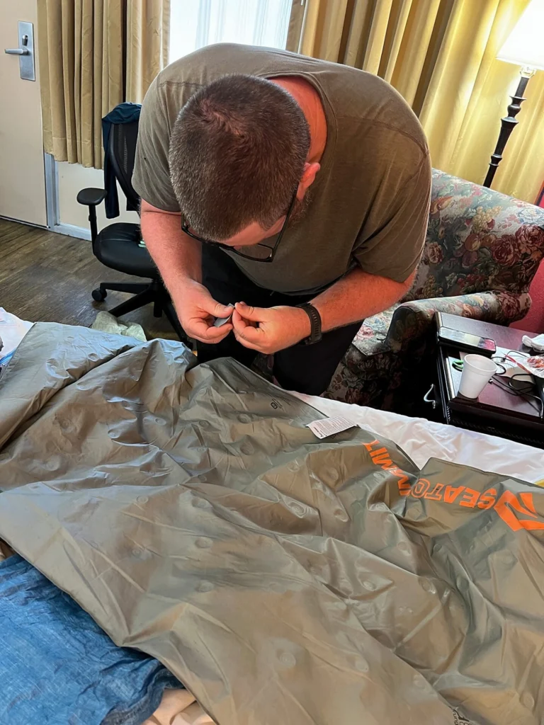 appalachian trail hike Barrett repairing his sleeping mat