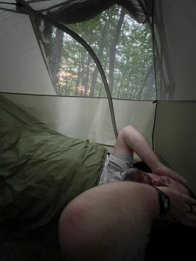 Barrett in our tent on the Appalachian Trail