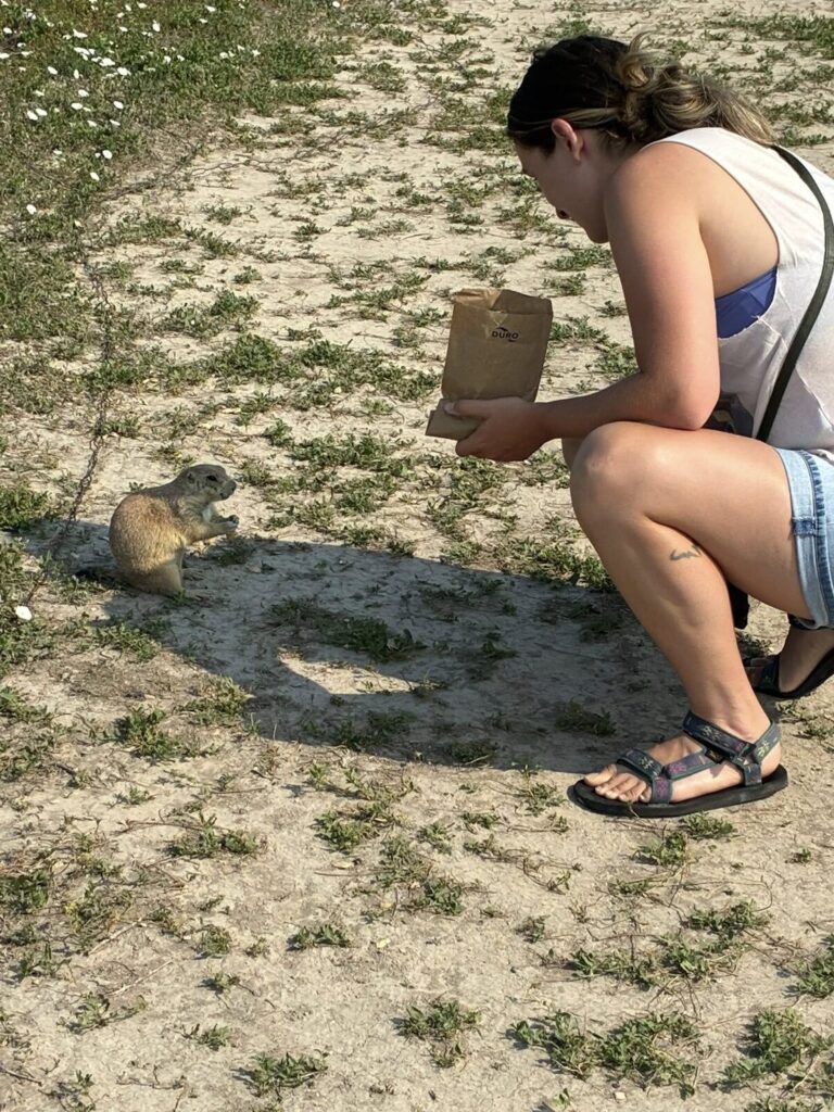 Feeding a prairie dog at the Badlands Ranch.