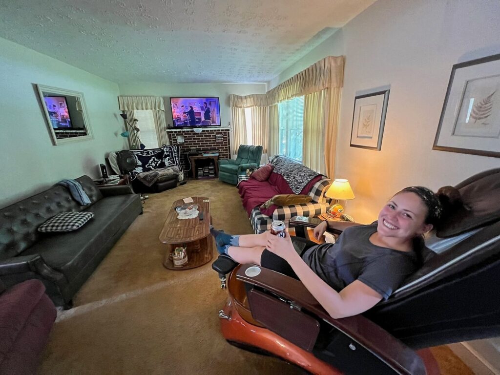 Appalachian Trail Journal Week 13: 800 Miles, Virginia Views & Big Decisions 28 IMG 2993 Cindy in massage chair at hostel