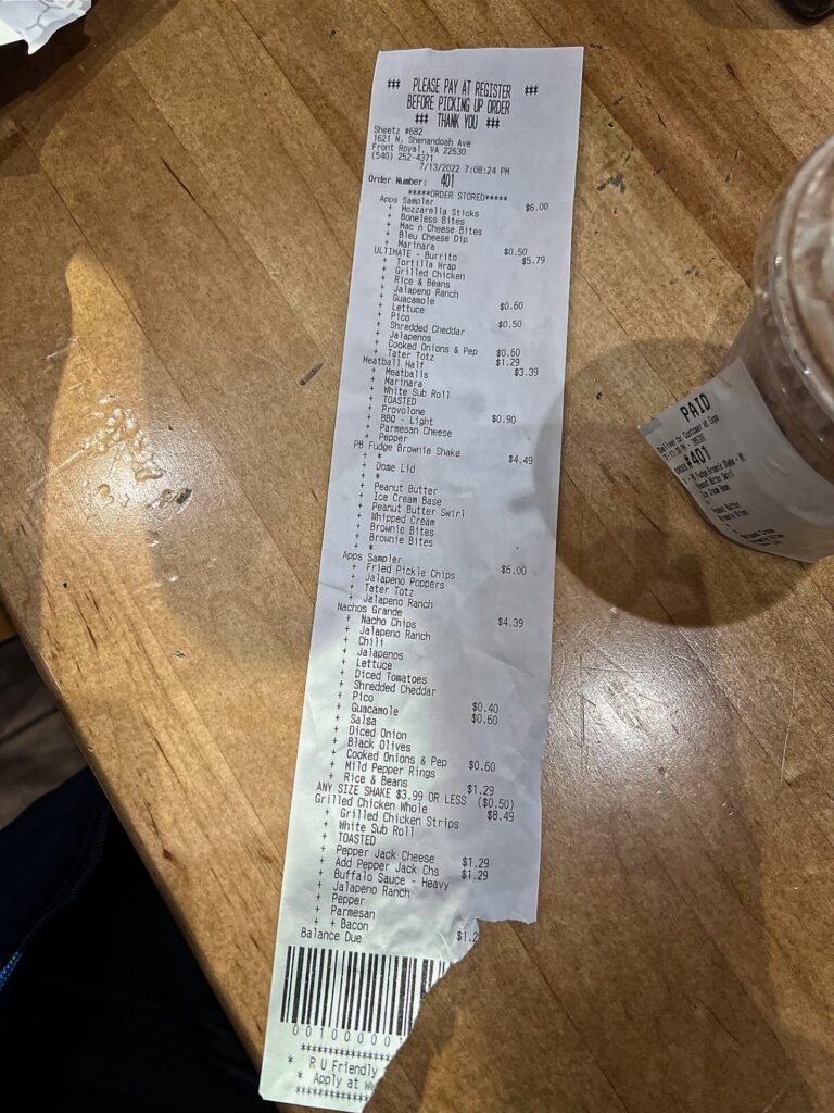 Sheetz Receipt