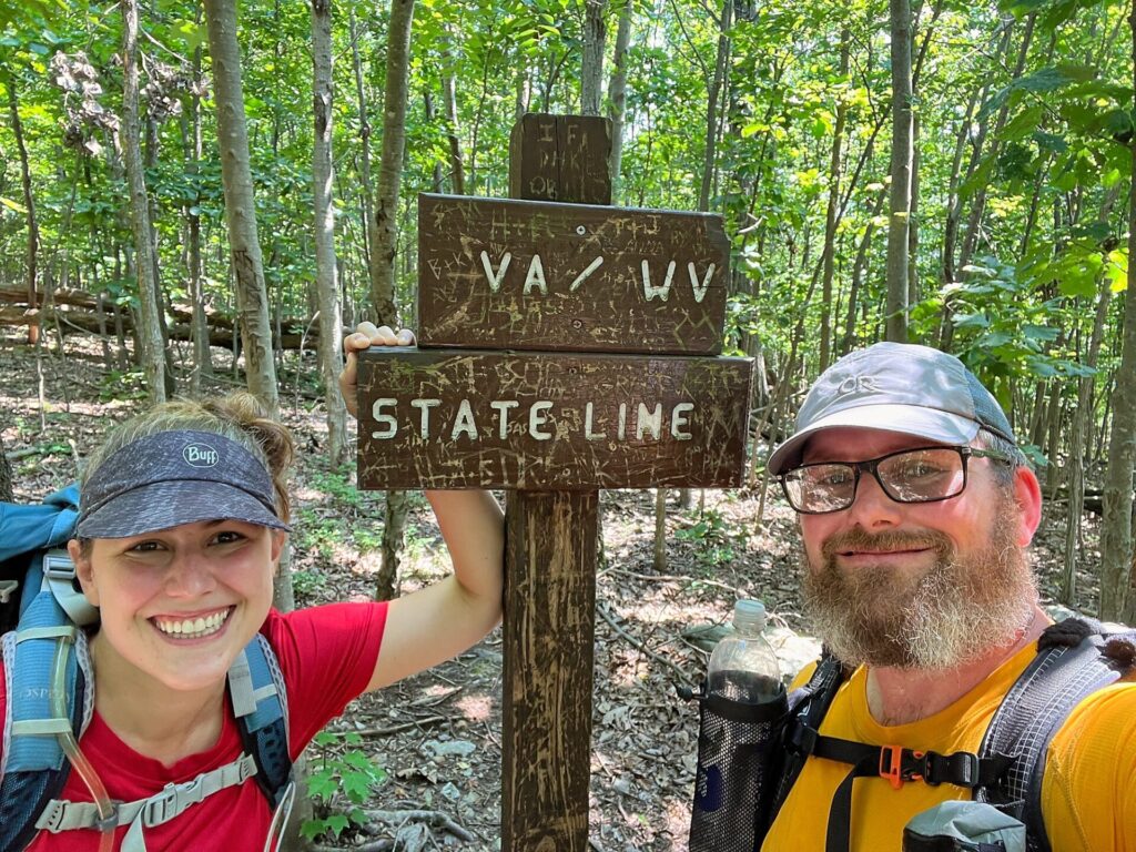 Cindy and Barrett at the VA WV state line on the Appalachian Trail