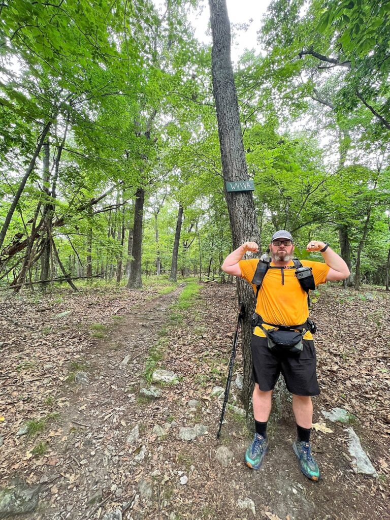 Barrett at the VA WV state line on the Appalachian Trail