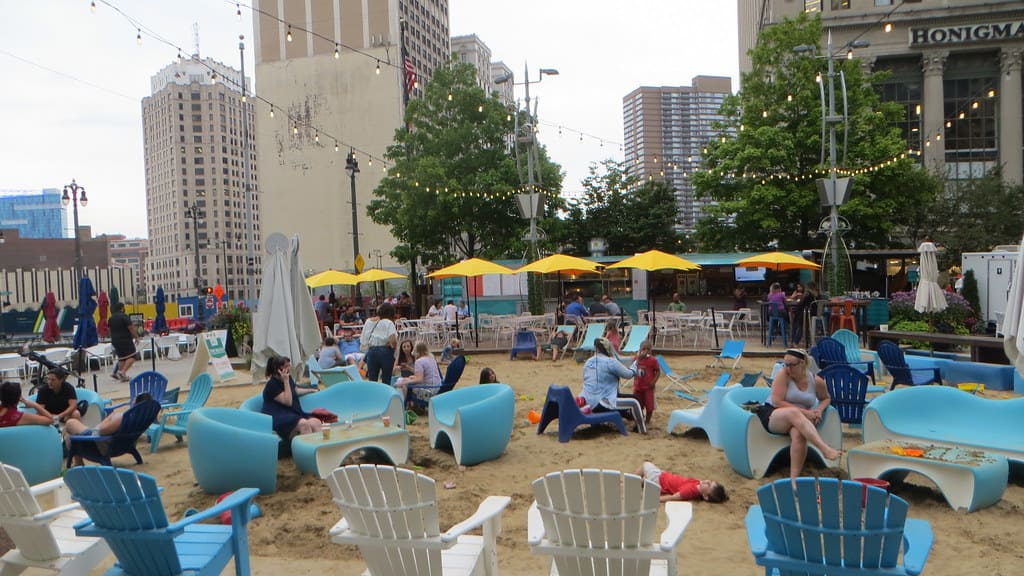 Sand at Campus Martius Park in Michigan for the summer
