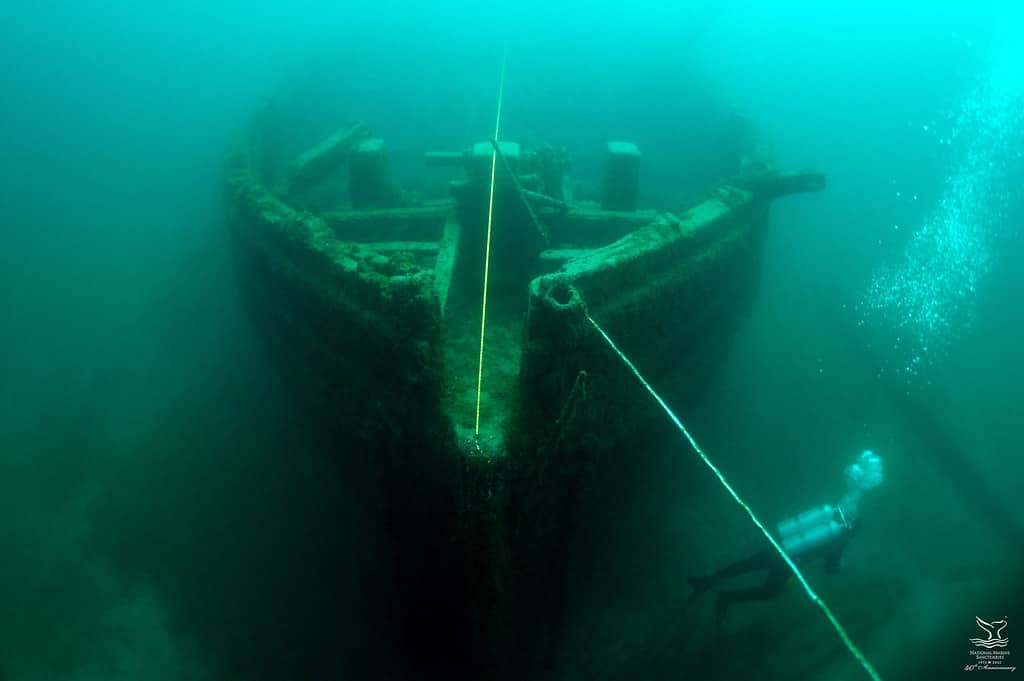 A diver among a shipwreck in the Great Lakes in Michigan