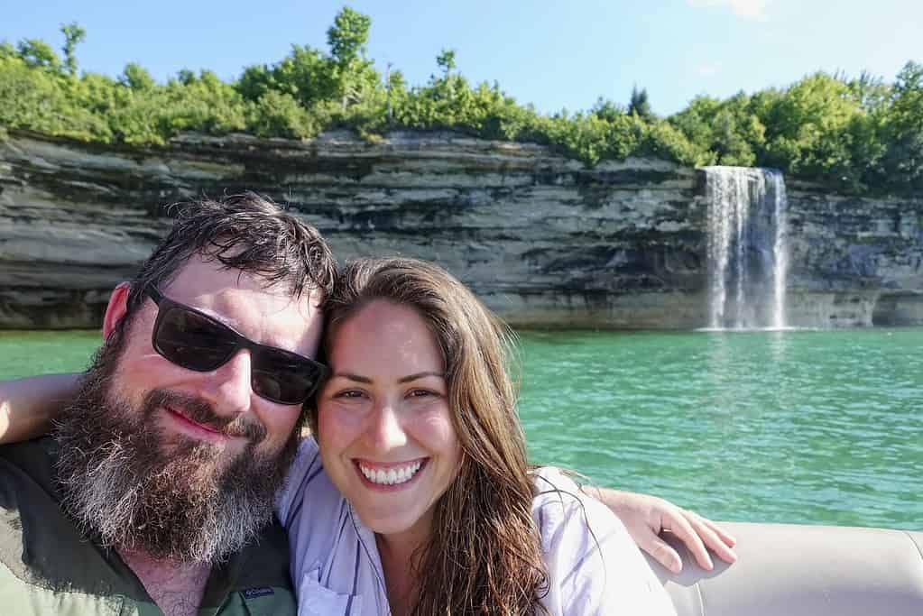 Cindy and Barrett on a pontoon near Pictured Rocks National Lakeshore