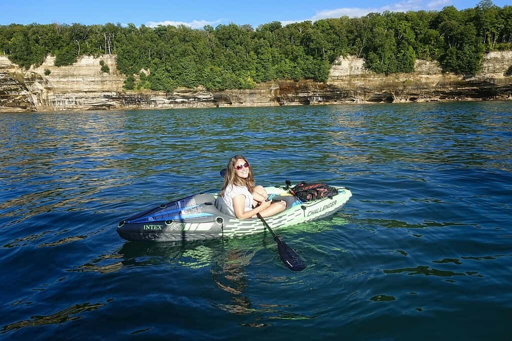 Cindy kayaking near Pictured Rocks National Lakeshore