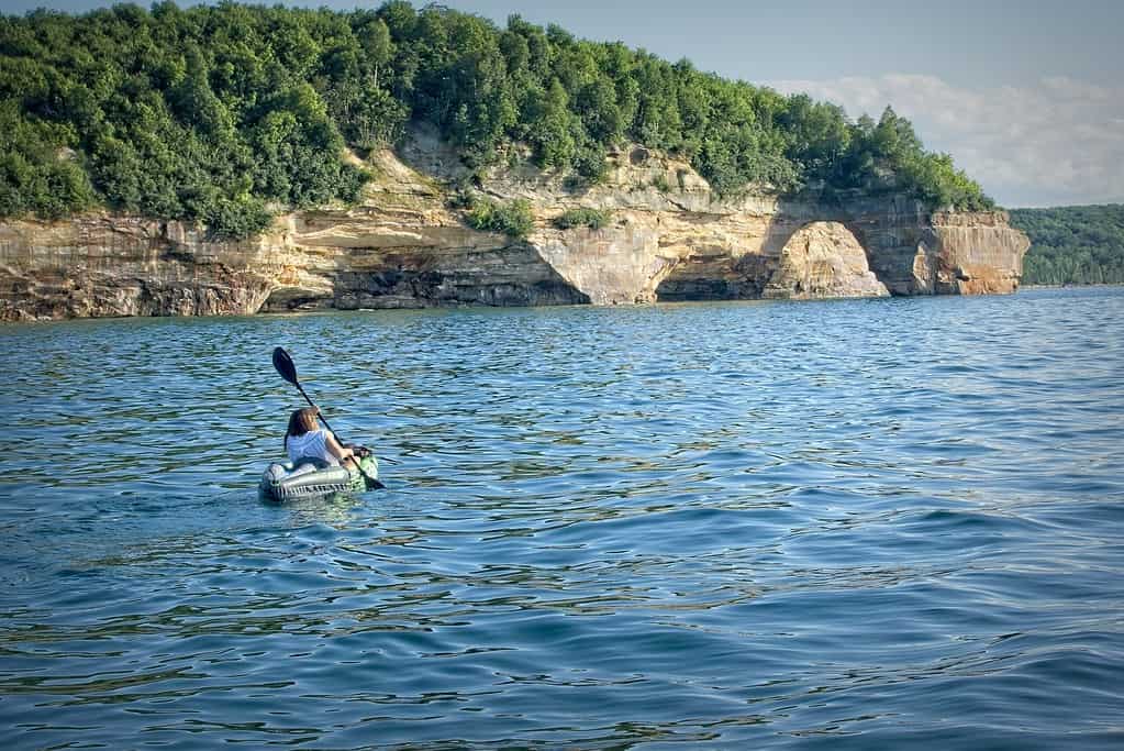 Cindy kayaking near Pictured Rocks National Lakeshore